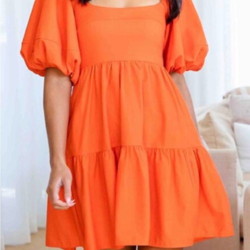 Baby Doll Y2K Dopamine Orange Mini Dress Puff Sleeves Open Tie Back Size XL